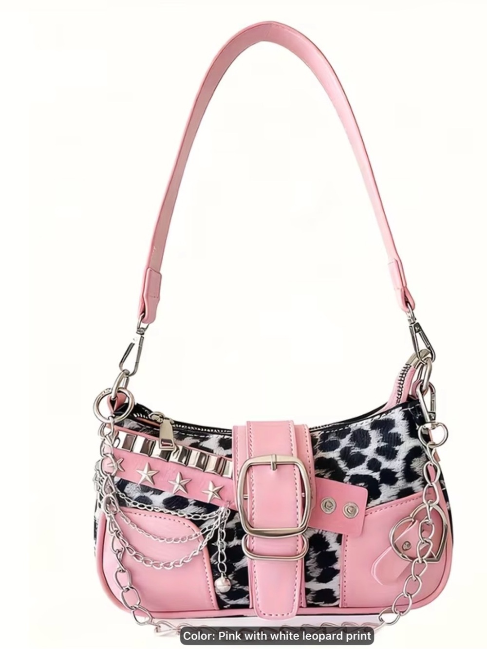 Pink Leopard Print Shoulder Bag with Chain Accents